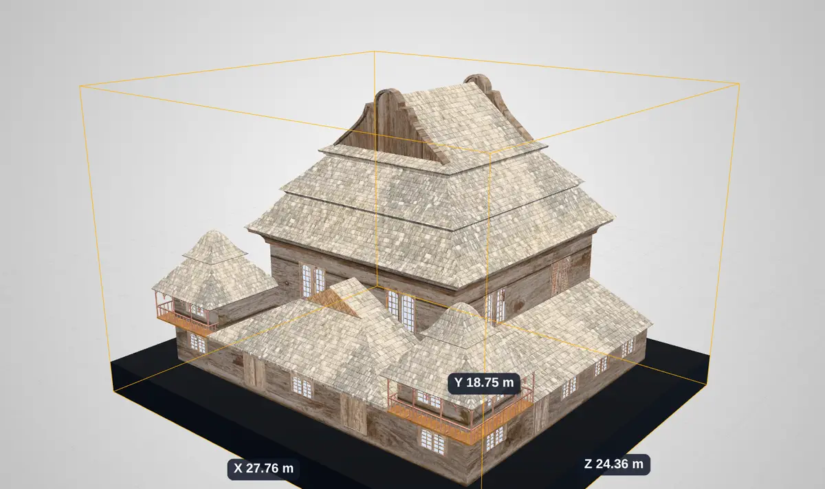 The same model in a bounding box labelled with its size in metres